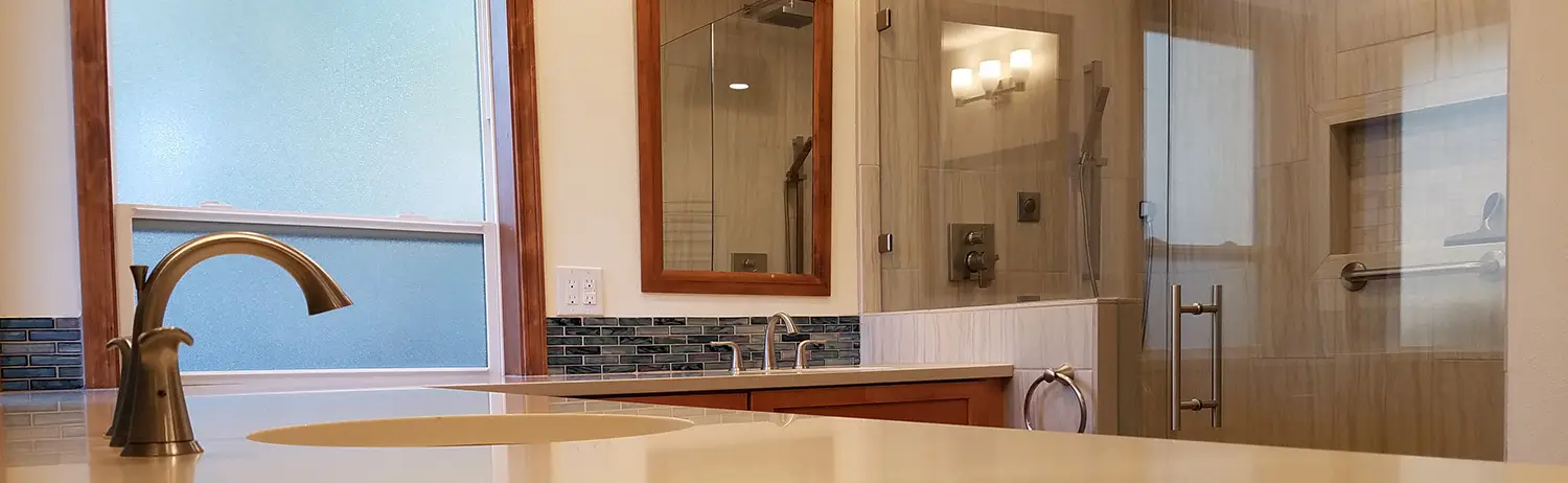 Small bathroom remodel Camas WA — walk-in shower and updated vanity by TLC Home Solutions