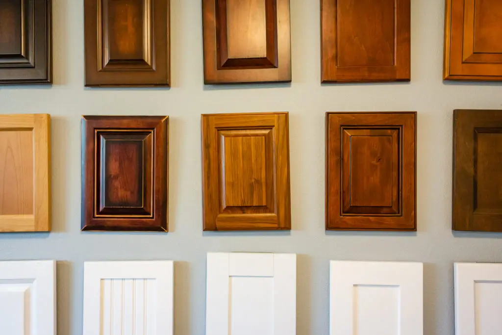 Cabinet door samples used during the selections stage of a remodel
